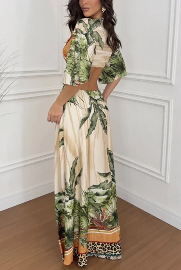 Arlena Leopard Botanical Print Tie-up Cutout Vacatuon Maxi Dress - Fashionpara