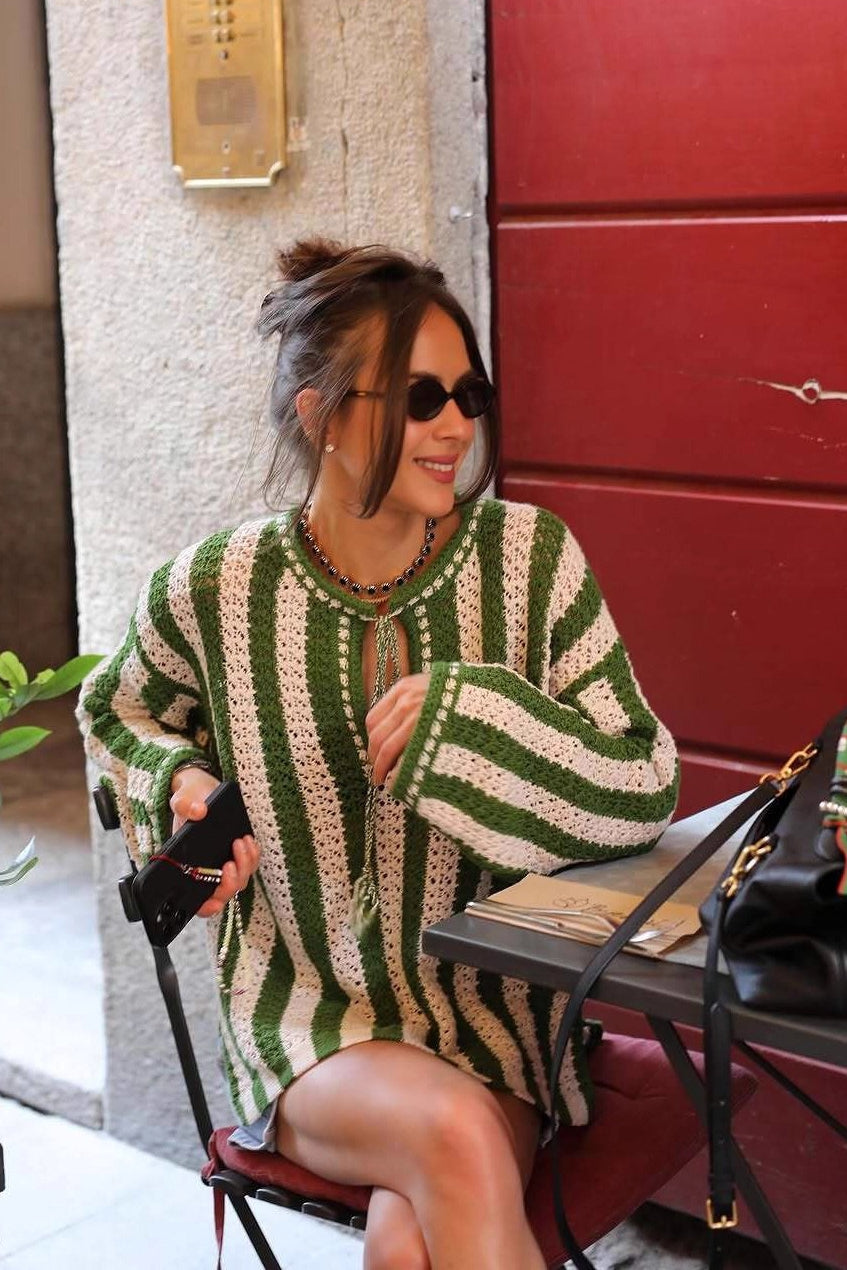 Green White Striped Tie Front Sweater 2