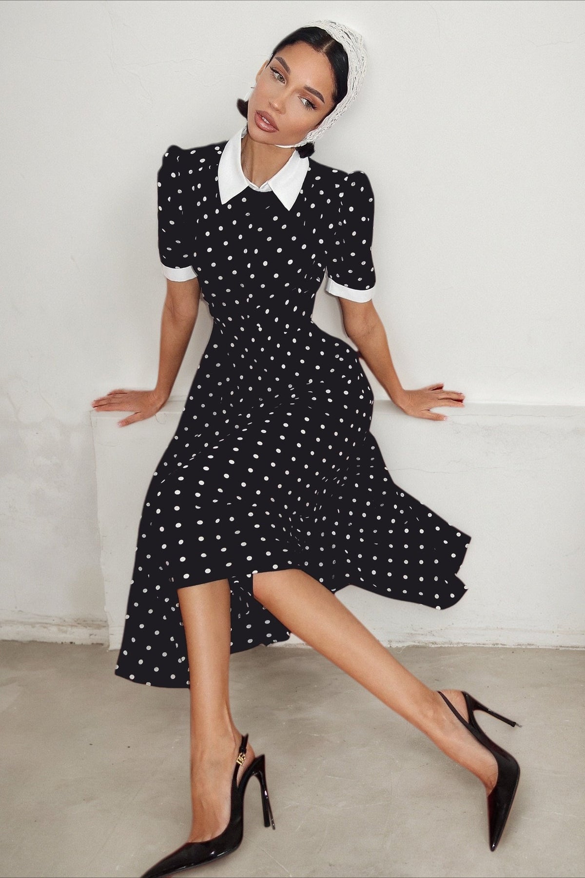 Polka Dot Contrast Collar Puff Sleeve Flared Midi Dress
