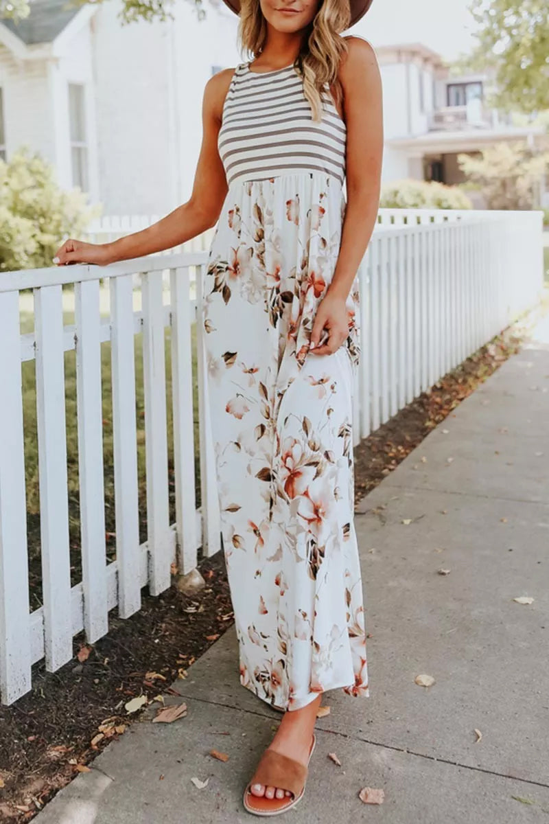Striped Floral Print Patchwork White Maxi Dress  Fashionpara