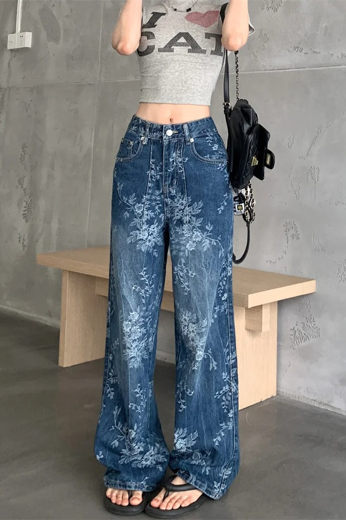 Relaxed Floral Print Palazzo Jeans
