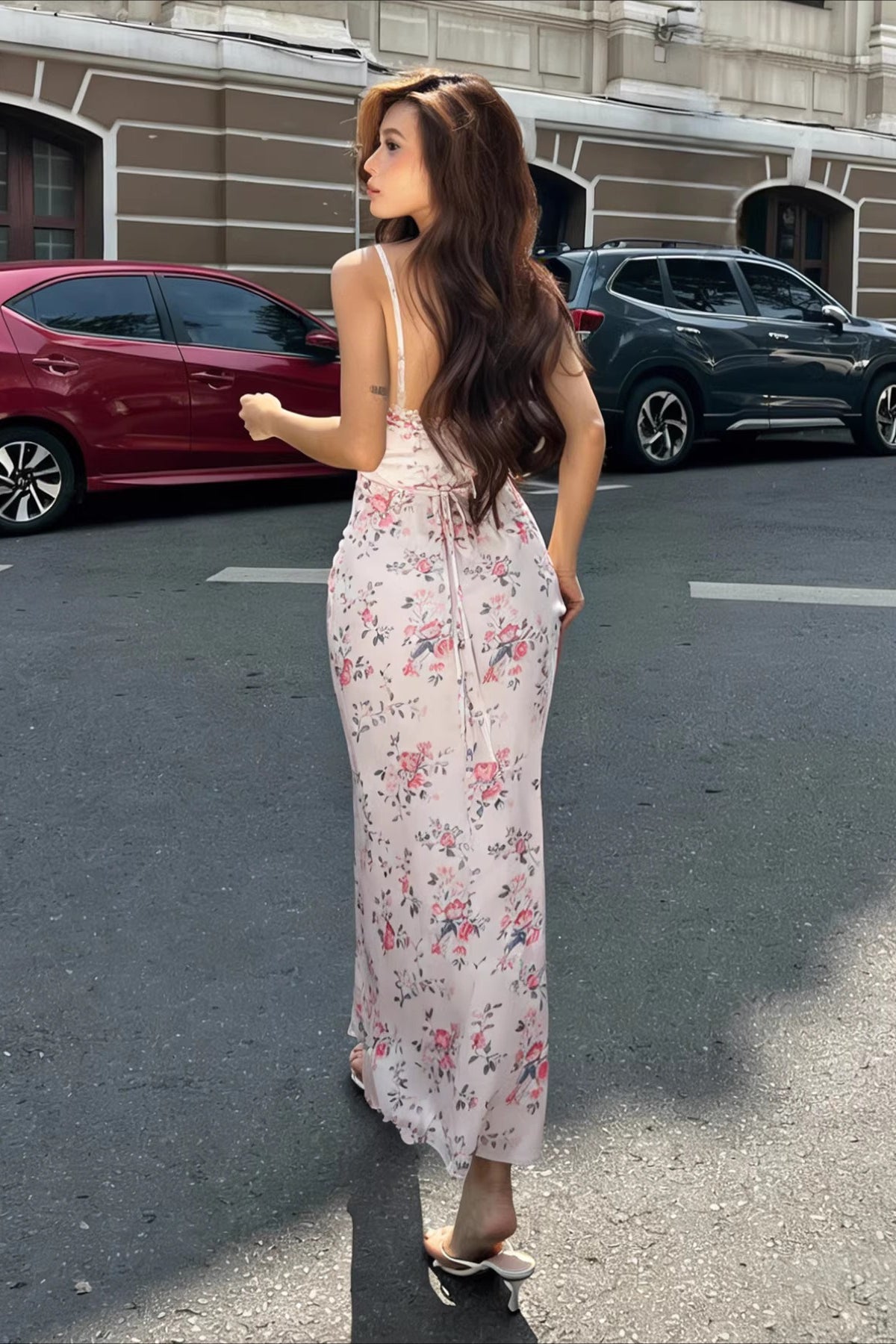 Floral Print Spaghetti Strap Lace-Trim Slip Dress