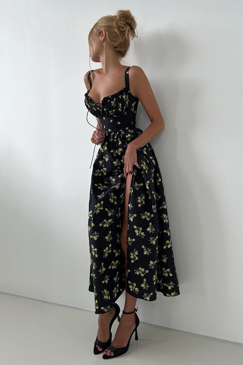 Lemon Print Off Shoulder Corset High Split Maxi Dress 12