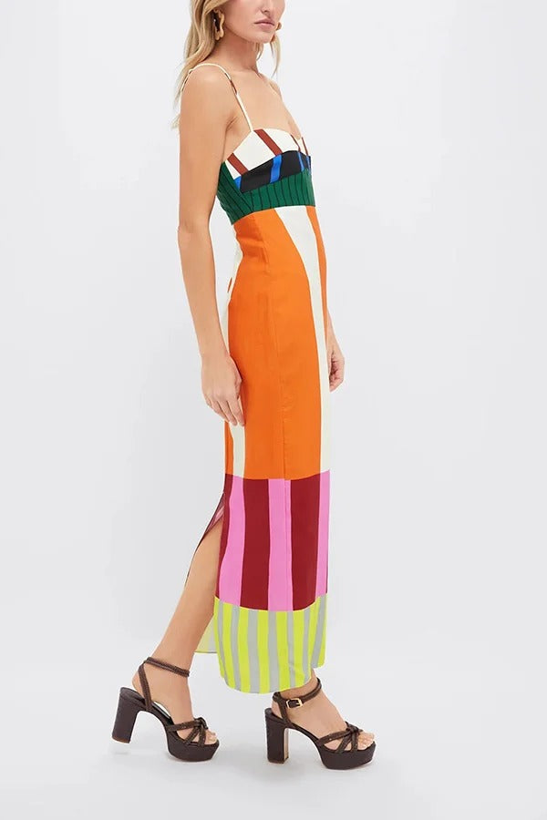 Beach Moment Linen Blend Unique Color Block Slip Maxi Dress - Fashionpara