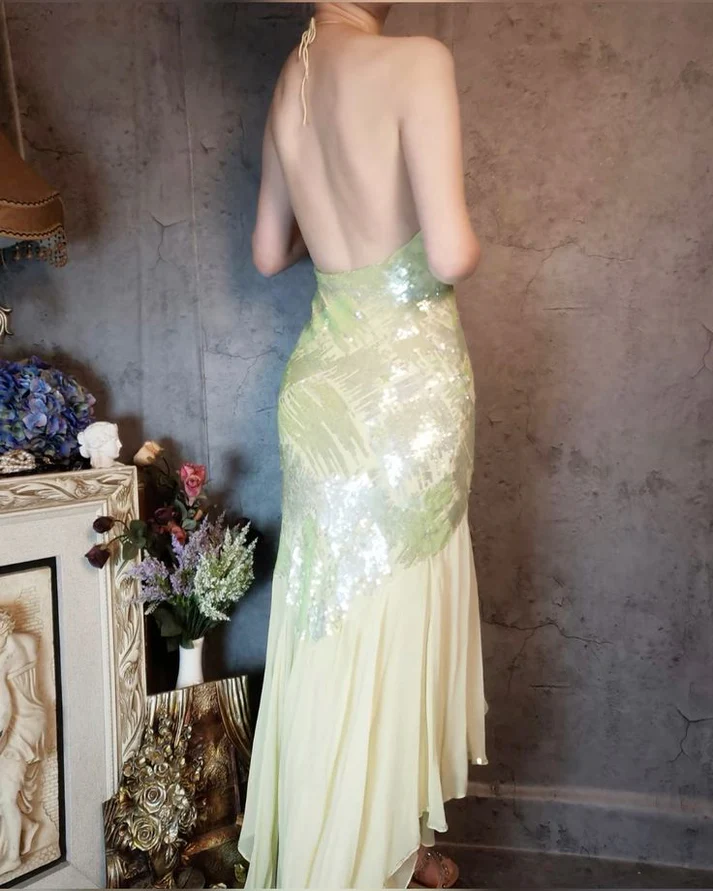 Sparkly Halter Yellow Sequin Chiffon Mermaid Evening Dress Long Birthday Party Dress D1476