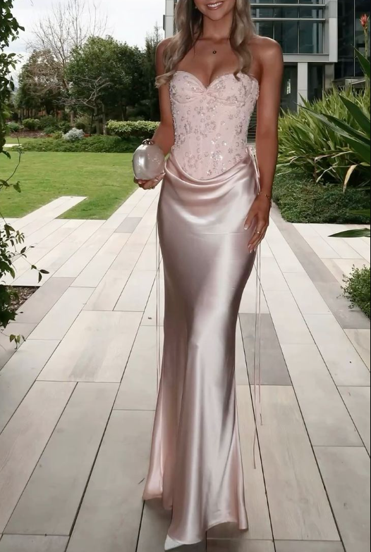 Classy Strapless Pink Satin Sequin Mermaid Long Wedding Guest Dress Evening Dress D1794
