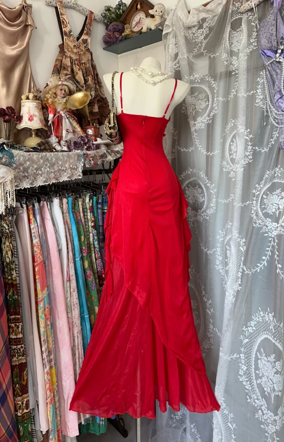 Classy Spaghetti Straps Red Tulle Chiffon Mermaid Evening Dress Long Party Dress D1658