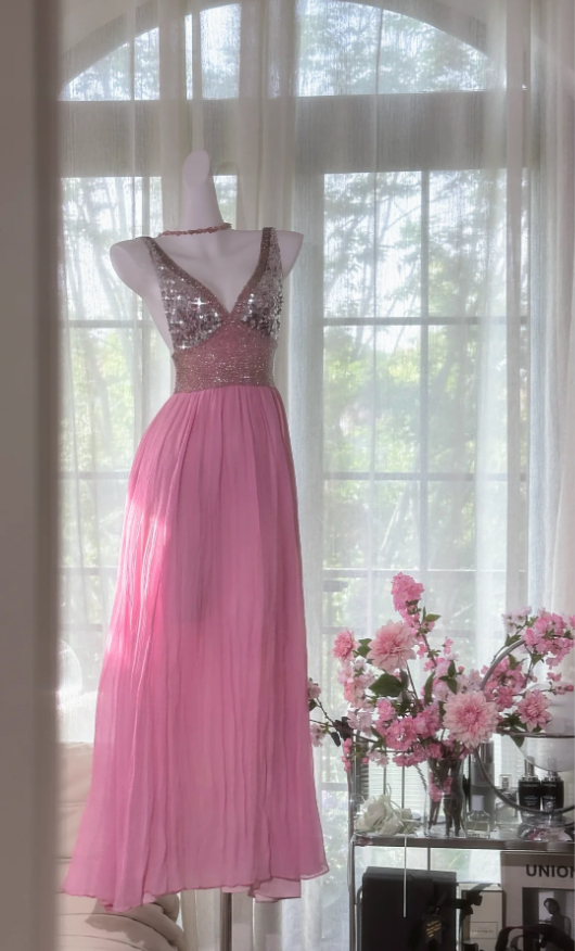 Classy Pink V Neck Chiffon Sequin A Line Long Party Dress Backless Birthday Prom Gown D1554