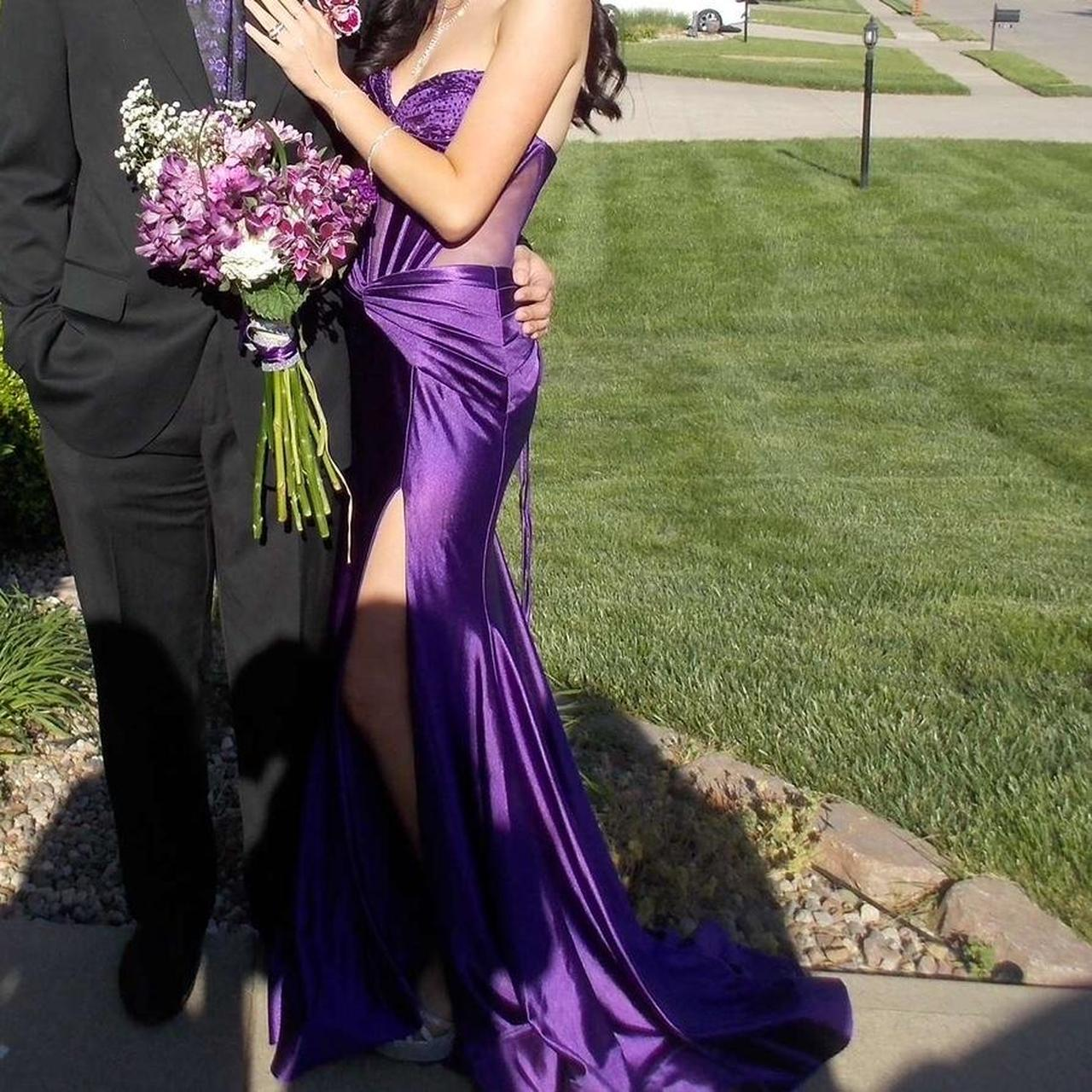 Pretty Sweetheart Neck Purple Satin Beaded Slit Mermaid Party Dress Long Prom Dresses D898