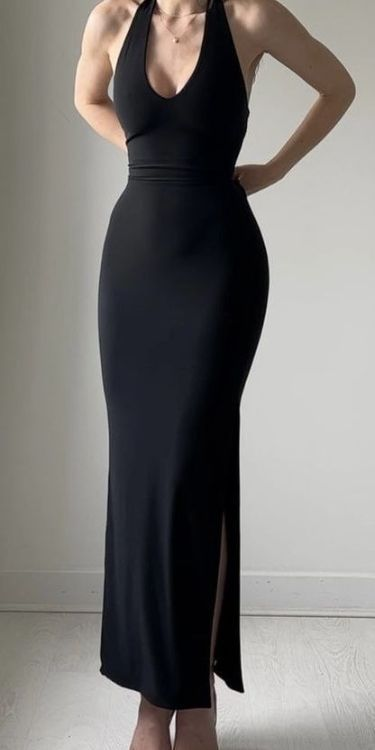 Sexy Halter Black Satin Slit Mermaid Evening Dress Long Wedding Guest Dress D1144