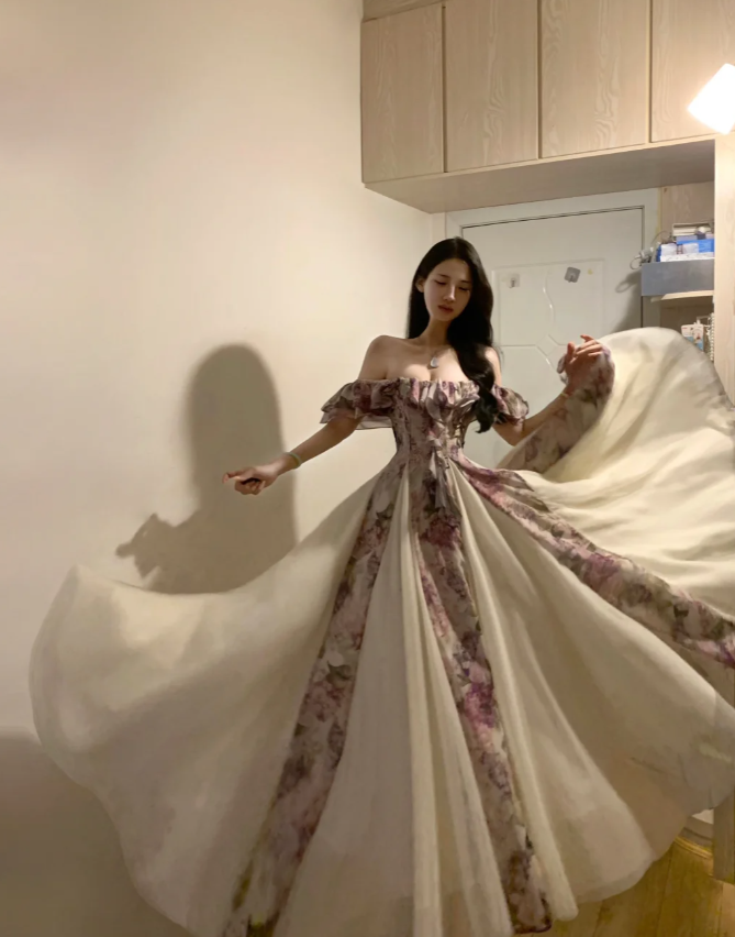 Pretty Off The Shoulder Chiffon Printed Floral A Line Long Party Dress Evening Gown D842