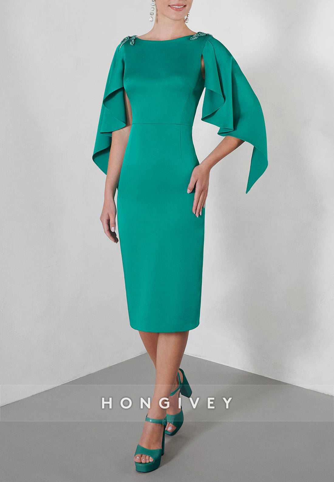 V Back Cocktail Dresses Sheath Flutter Sleeves Beading Mother of the Bride