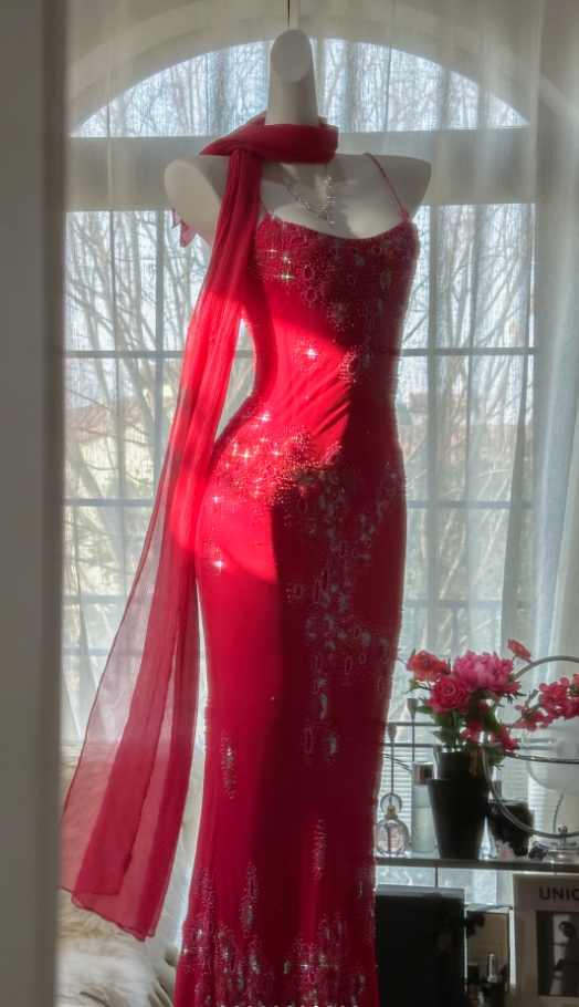 Pretty Red Spaghetti Straps Chiffon Beaded Mermaid Evening Dress Long Birthday Party Dress Prom Gown D1789