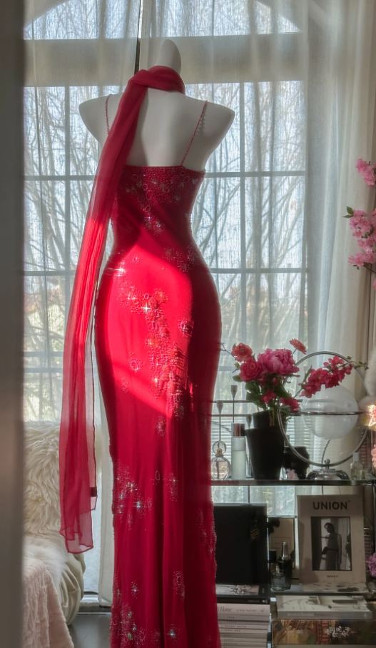 Pretty Red Spaghetti Straps Chiffon Beaded Mermaid Evening Dress Long Birthday Party Dress Prom Gown D1789