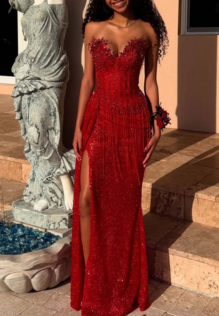 Pretty Sweetheart Neck Red Sequin Beaded Tassel Mermaid Prom Dress Slit Long Party Dress D1256