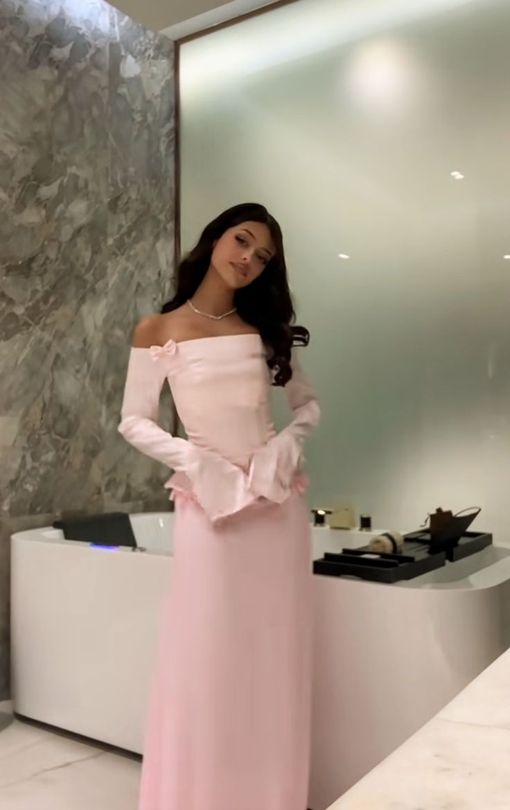 Sweet Two Piece Off The Shoulder Pink Satin Chiffon Mermaid Prom Dress Formal Party Dress D957