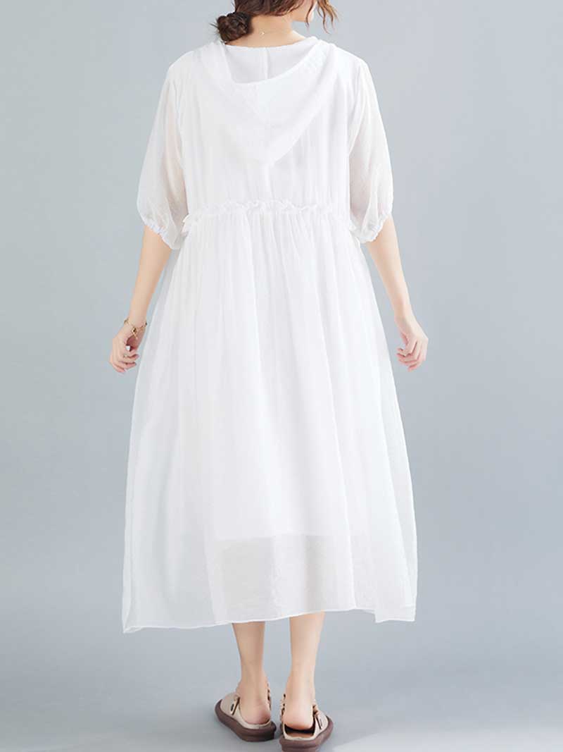 Plain Cotton Short Sleeves Hooded Style A-Line Dress 4