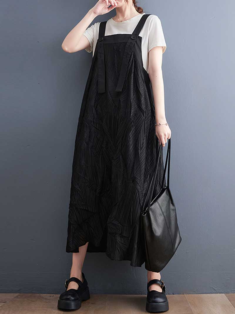 Pleated Cotton Black Color Salopette Dress - Fashionpara