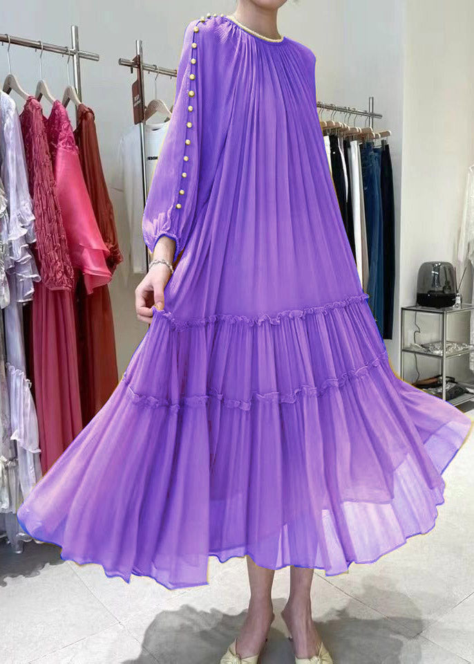 DIY Yellow O-Neck Nail bead Ruffled Silk Dress Long Sleeve - View 4