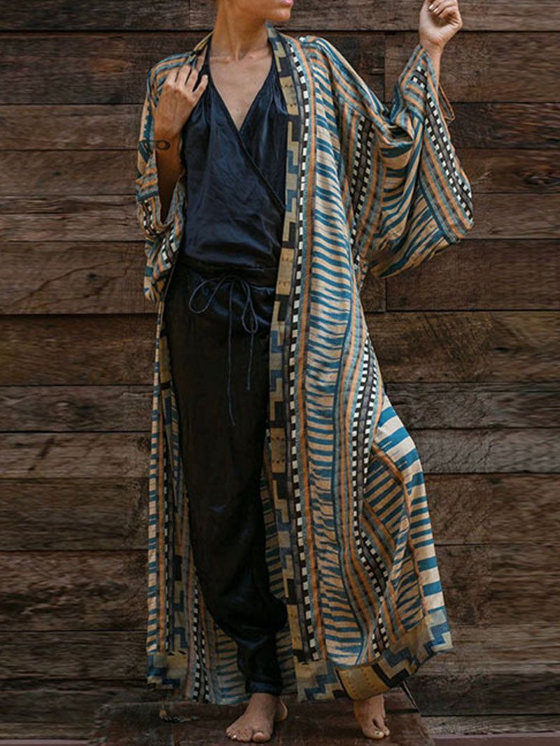 Printed Red & Blue Color Cotton Long Length Gown Kimono Duster Robe - Fashionpara