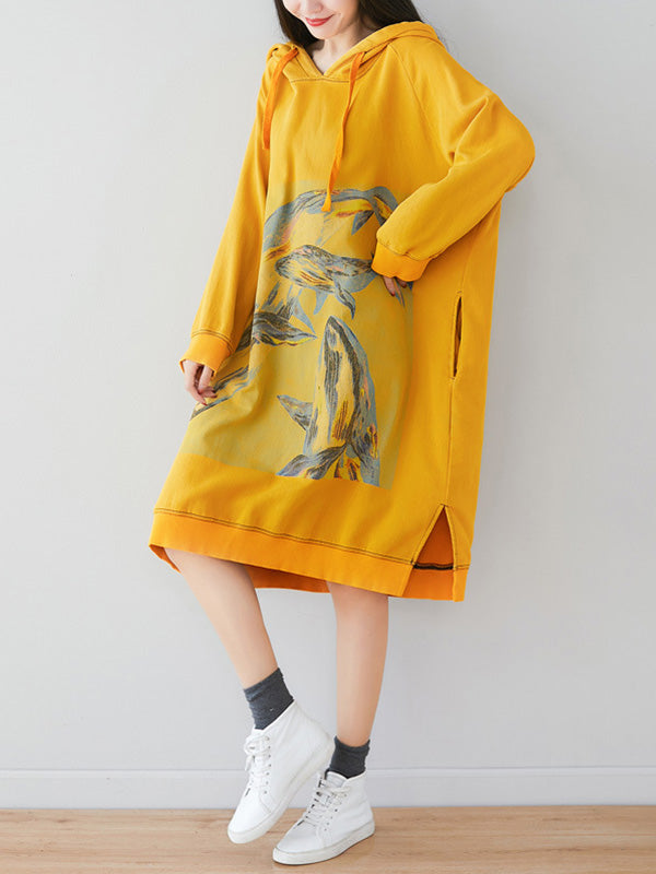 Loose Ethnic Floral Hooded Sweatshirt Dress - Fashionpara