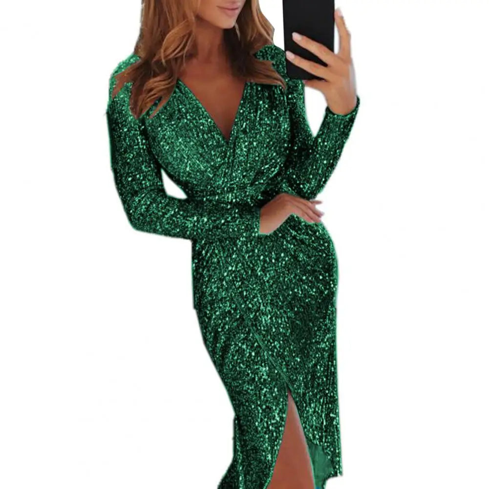 Sequin Deep V-Neck Long Sleeve Ruched Wrap Slit Midi Dress - View 3