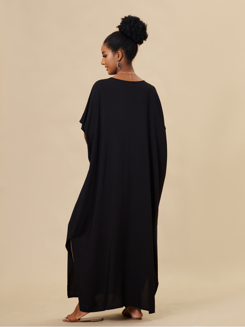 Greek-Key Embroidered V-Neck Short-Sleeve Kaftan Maxi Dress 2