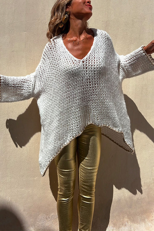 V Neck Dolman Sleeves Irregular Casual Sweater - Fashionpara