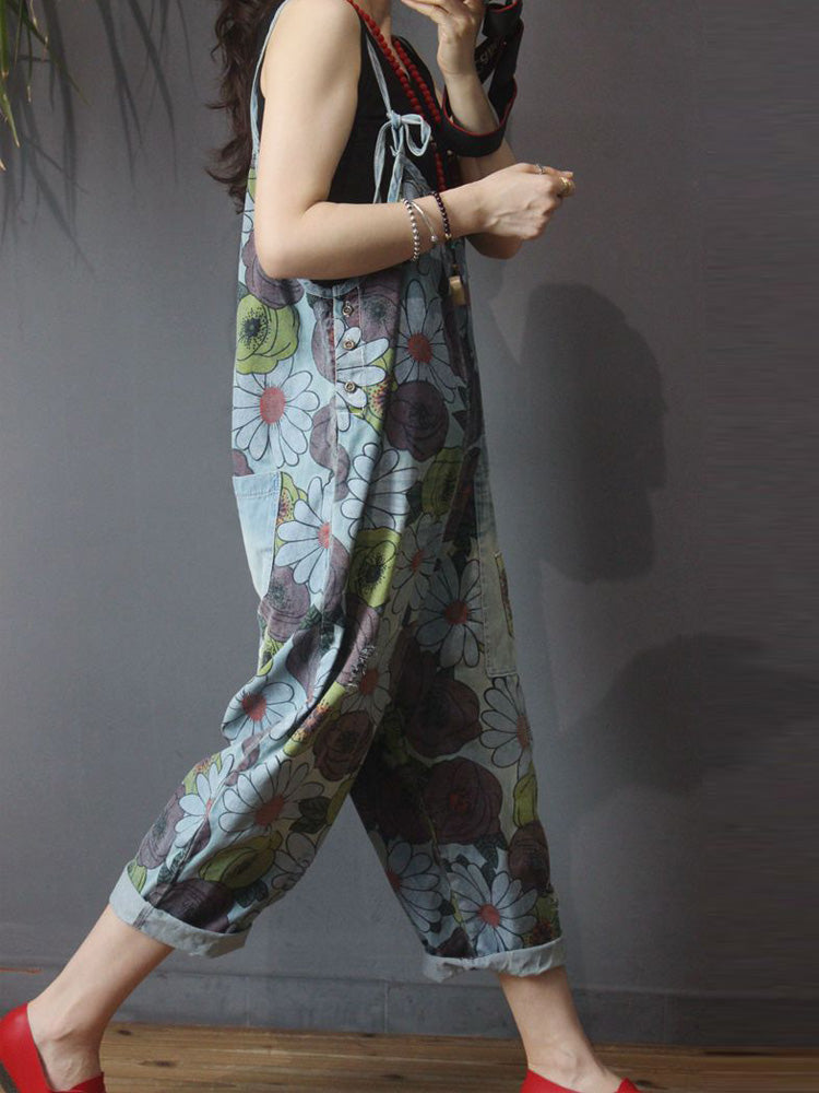 Beautiful in Eyes Floral Print Denim Overall Dungaree - Fashionpara