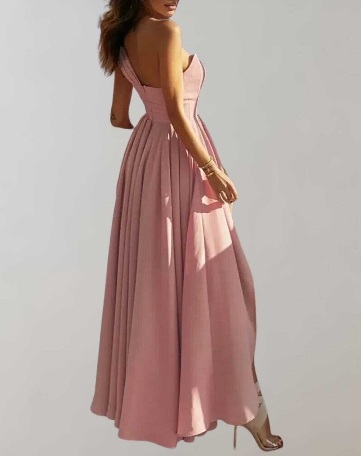 One Shoulder Corset Boned Pleated High Split Maxi Cocktail Gown - View 2