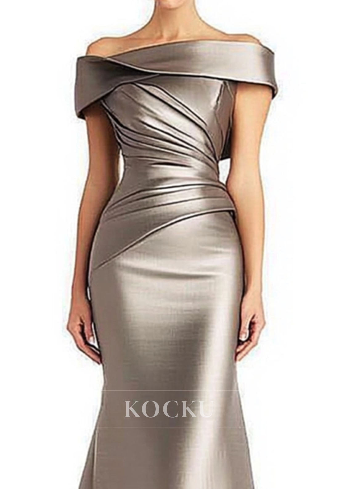 Evening Formal Gowns Off-Shoulder Mermaid Satin Pleated Wedding Guest Dress