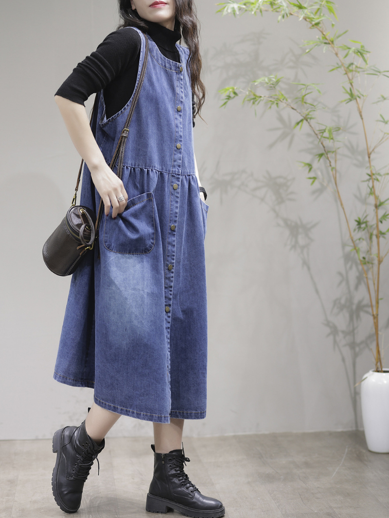 Denim Round Neck Sleeveless Button-Front Pinafore Midi Dress 7