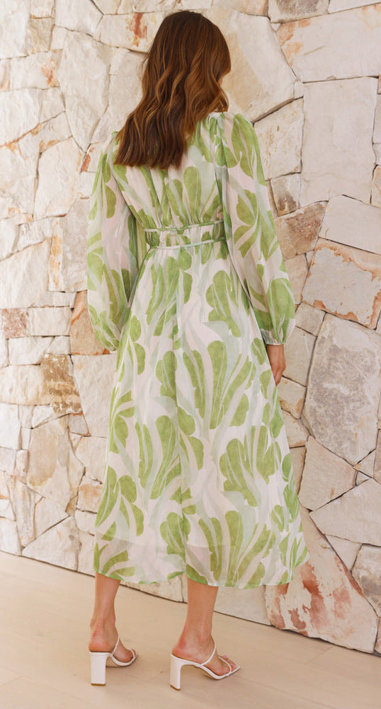 Printed V-Neck Puff-Sleeve Empire A-Line Midi Dress 3