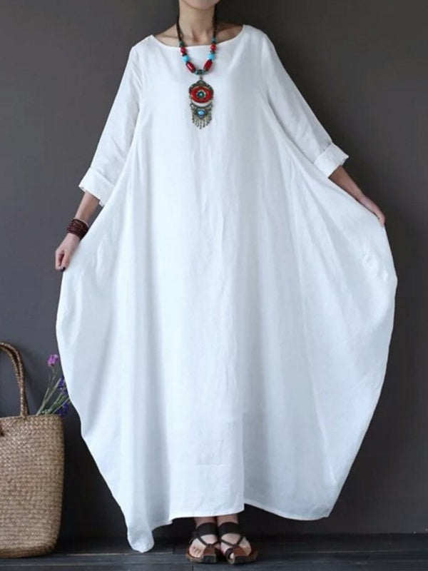 Linen Round Neck Long Sleeve Lantern Maxi Dress 5
