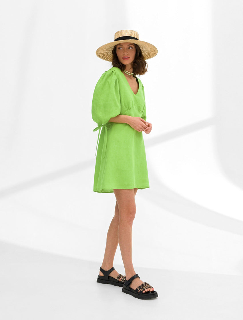 Linen V-Neck Tie-Cuff Puff-Sleeve A-Line Mini Dress 3