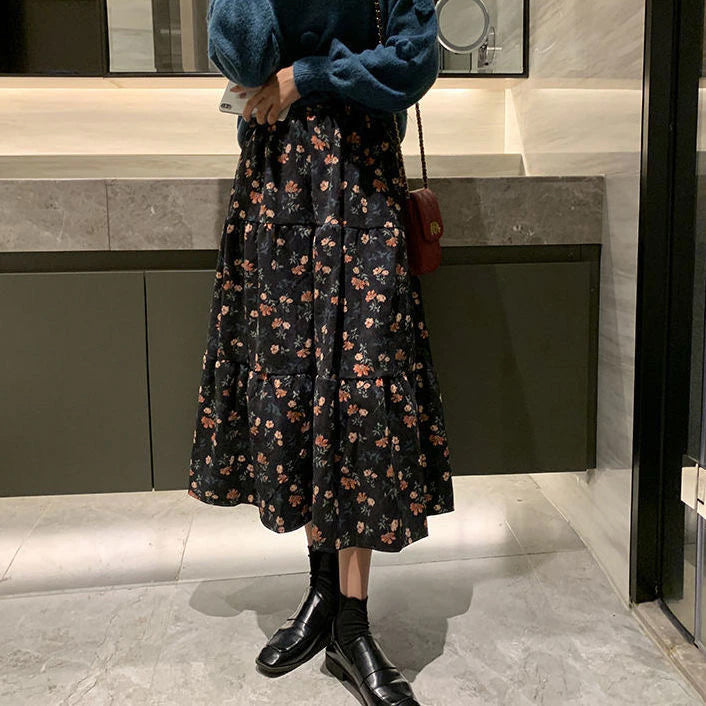 KittenAlarm - High Waist A-Line Flower Printed Corduroy Long Skirt