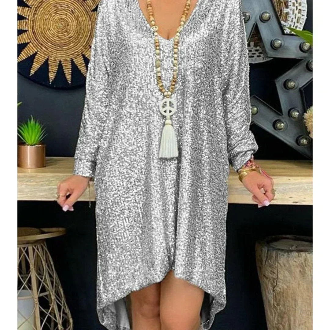 Sequin Deep V-Neck Long Sleeve Shift Mini Dress - View 3