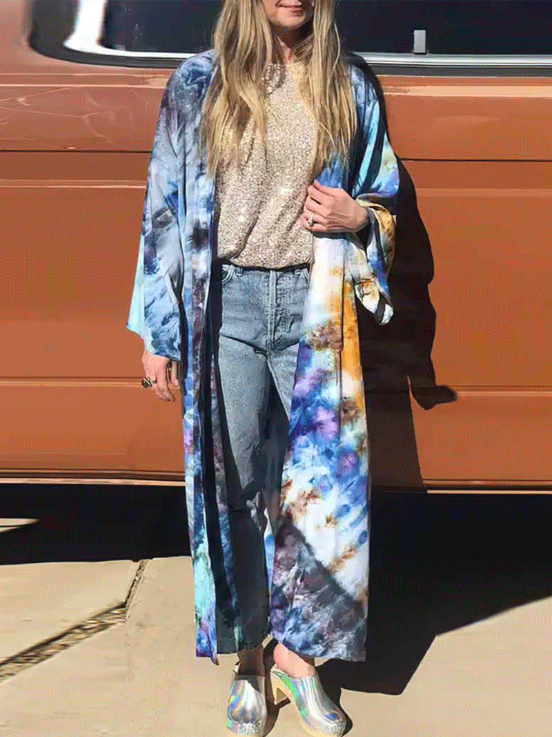 Tie-Dye Print Multicolor Polyester Long Length Gown Kimono Duster Robe - Fashionpara