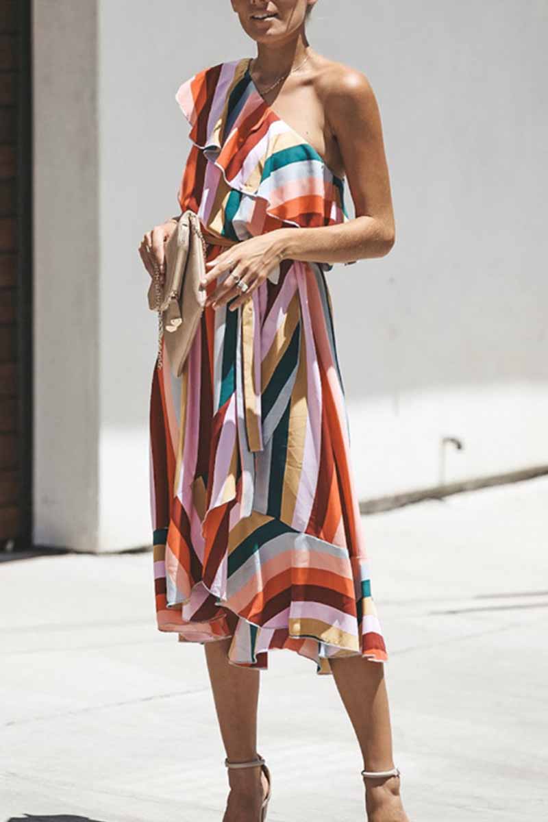 Florcoo Casual Striped One Off Shoulder Sleeveless Ruffle Irregular Midi Dress