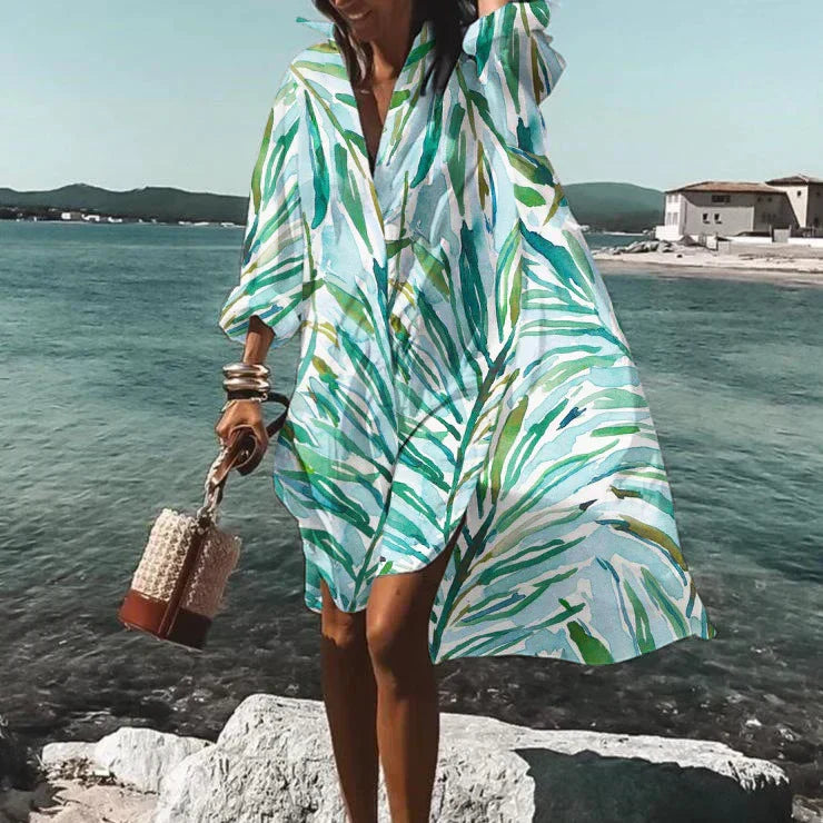 Tropical Floral Print Button Down Collar Mini Shirt Dress - View 3
