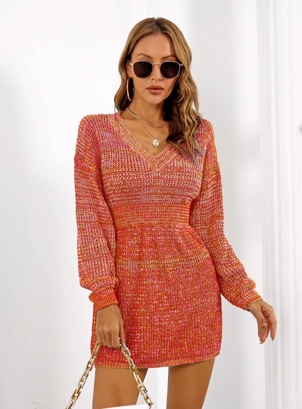 Colorful V-Neck Lantern Sleeve Sweater Dress 2