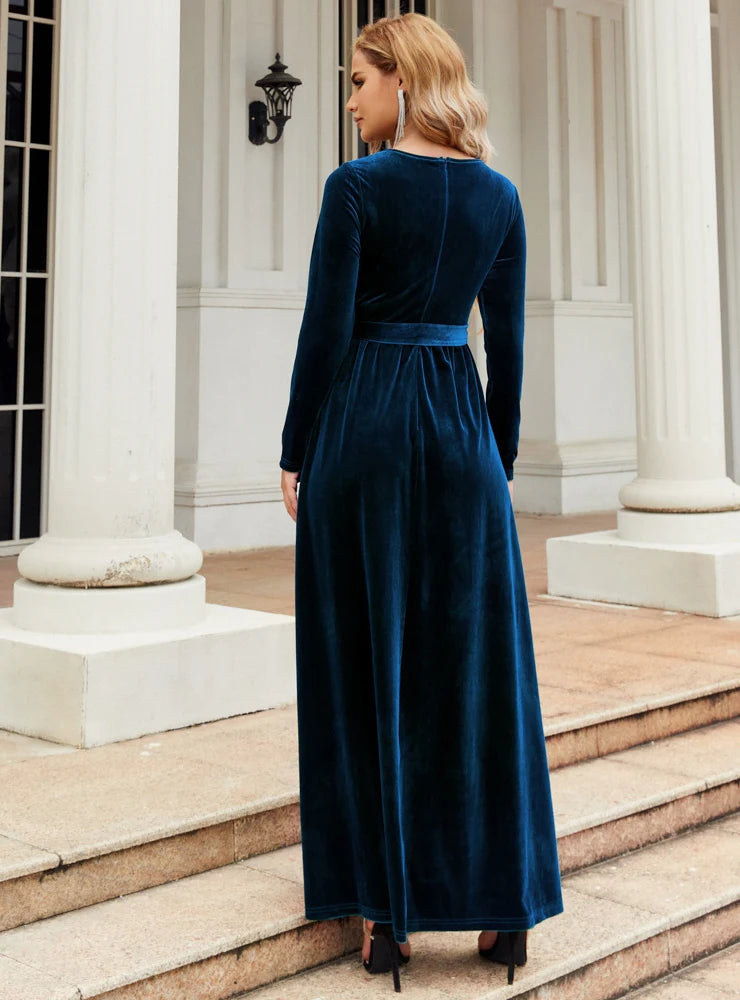 Velvet Round-Neck Long-Sleeve Belted A-Line Maxi Dress 3