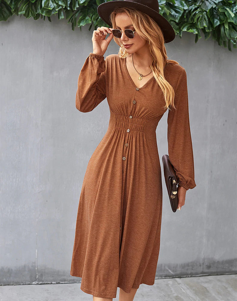 V-Neck Long-Sleeve Button-Front Fit-and-Flare Midi Dress 5