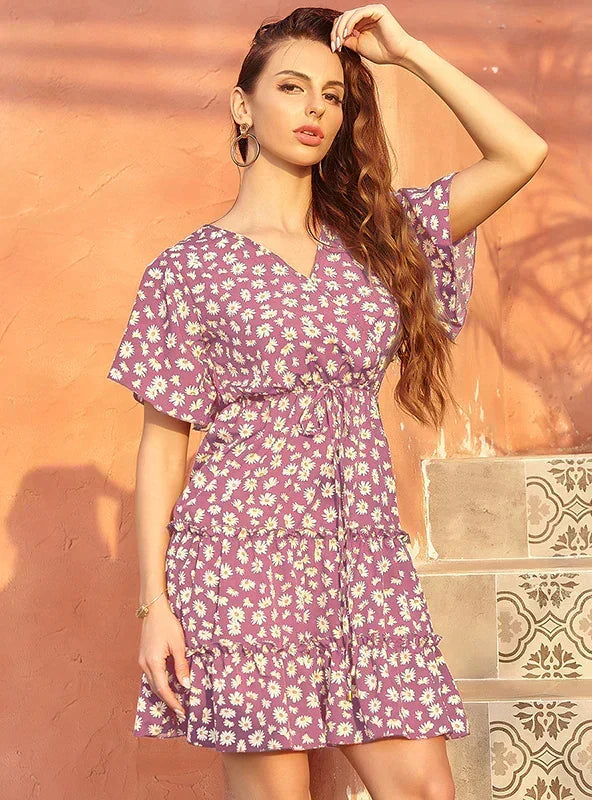 Floral Print V-Neck Flutter Sleeve Tiered Mini Dress 3