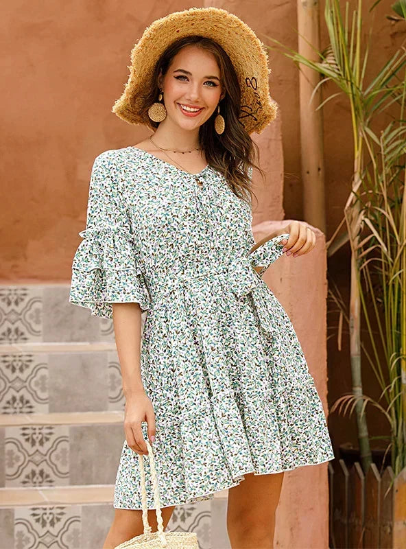 Ditsy Floral Flare Sleeve Tiered Mini Dress