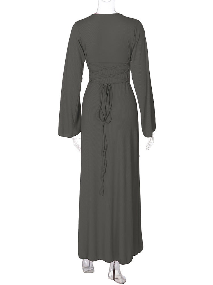 Ribbed Scoop-Neck Flared-Sleeve Column Maxi Dress 3