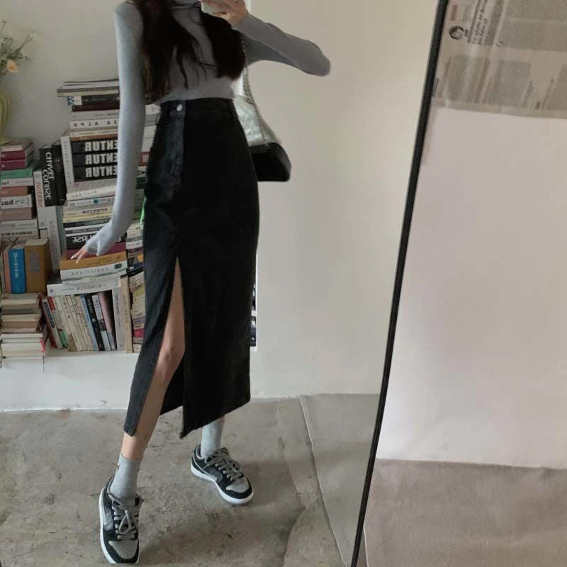 KittenAlarm - High Waist Side Slit Mid Length Denim Skirt