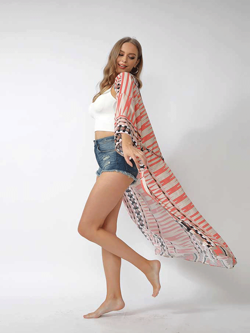 Printed Different Colors Polyester Long Length Gown Kimono Duster Robe - Fashionpara