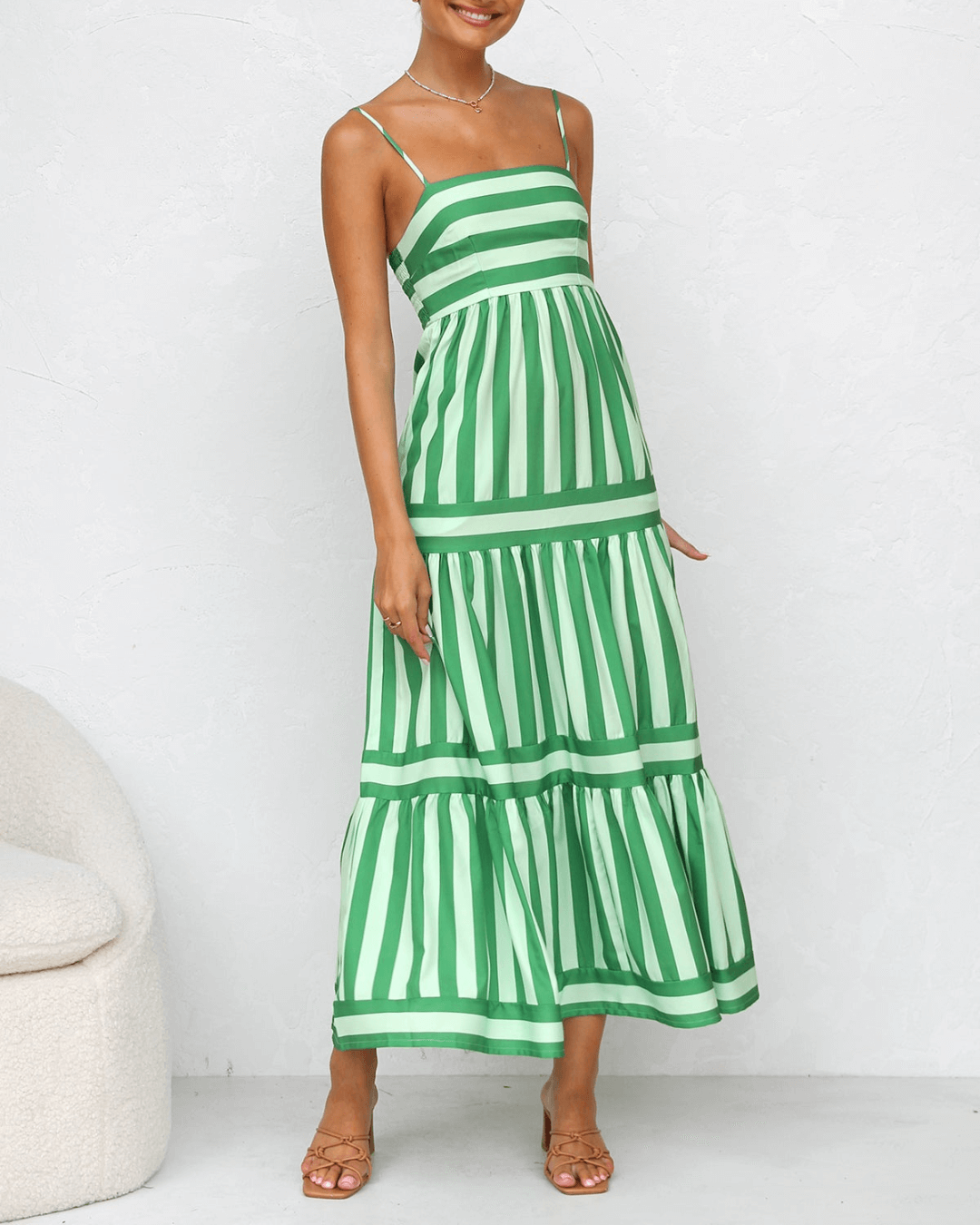 Multi Green Striped Maxi Dress - Fashionpara