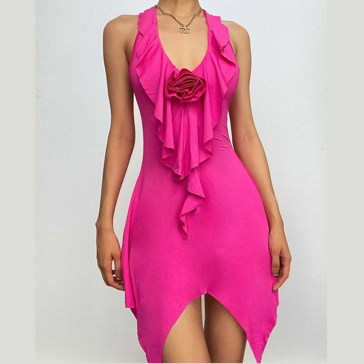 Halter Neck Flower Applique Ruffle Handkerchief Hem Mini Dress